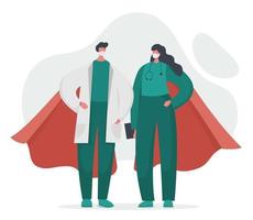 um médico e uma enfermeira são super-heróis com capas