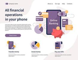 página de destino com o site de finanças do app para smartphone. vetor