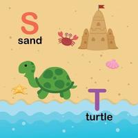 letra do alfabeto s-areia, t-tartaruga, ilustração vetor