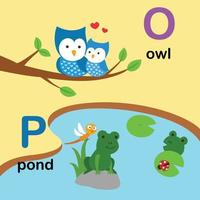 letra do alfabeto o-owl, p-pond, ilustração vetor