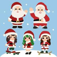uma conjunto do Natal personagens, Incluindo santa claus e uma santa menina jogando skate. vetor