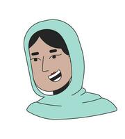 cachecol hijab positivo mulher 2d linear desenho animado personagem cabeça. jovem adulto muçulmano senhora sorridente alegremente isolado linha vetor pessoa face branco fundo. árabe fêmea cor plano local ilustração