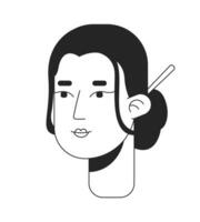 tradicional japonês mulher kanzashi Preto e branco 2d linha desenho animado personagem cabeça. jovem adulto fêmea chinês cabelo pão isolado vetor esboço pessoa face. monocromático plano local ilustração