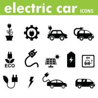 elétrico carro. vários tipos do elétrico carros com cobrando cabos. solar painéis, vento turbinas. Inovativa e ambientalmente amigáveis tecnologia vetor