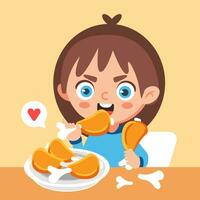 vetor ilustração do uma menina comendo frango asas dentro uma fofa desenho animado estilo.
