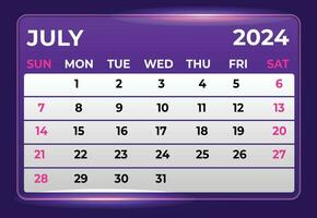 Julho 2024 por mês moderno calendário Projeto com brilhante brilho dentro roxa sombra vetor