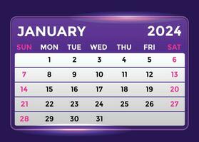 janeiro 2024 por mês moderno calendário Projeto com brilhante brilho dentro roxa sombra vetor