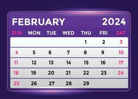 fevereiro 2024 por mês moderno calendário Projeto com brilhante brilho dentro roxa sombra vetor