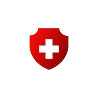vermelho escudo com Cruz ícone. fornecendo primeiro ajuda para pacientes e seus proteção símbolo e desenvolvimento do vetor médico