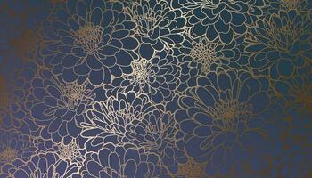 dourado metálico frustrado contorno crisântemo flores em Sombrio gradiente roxa azul verde fundo. decorativo impressão para papel de parede, invólucro, têxtil, tecido, Casamento convite, cumprimento vetor