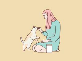 jovem mulher ajoelhado em chão alimentando para dela gato coreano simples estilo ilustração vetor