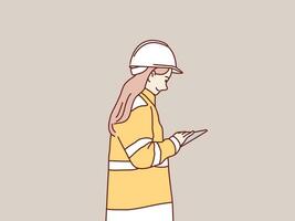 engenheiro construção trabalhador vestindo segurança capacete segurando tábua plano simples coreano estilo ilustração vetor