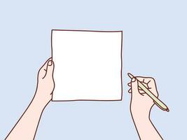 Visão acima mão levando notas dentro em branco papel simples coreano estilo ilustração vetor