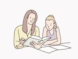mãe e filha fazendo dever de casa juntos simples coreano estilo ilustração vetor