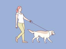 feliz jovem mulher calafrio caminhando seus cachorro simples coreano estilo ilustração vetor