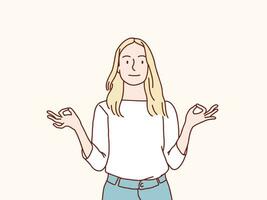 calma relaxado pacífico mulher meditando mão gesto simples coreano estilo ilustração vetor