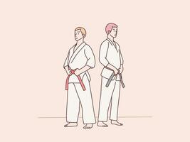 dois homens preparação prática karatê vermelho cinto Faz pronto para Treinamento simples coreano estilo ilustração vetor