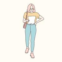 mulher à moda Visão documento enquanto caminhando coreano estilo ilustração vetor