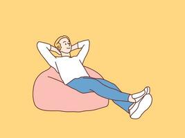 relaxado alegre jovem homem magro em beanbag simples coreano estilo ilustração vetor