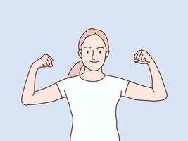 sorridente mulher levantando braço mostrando músculos forte pose simples coreano estilo ilustração vetor