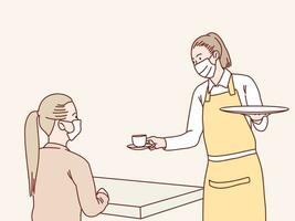 fêmea garçonete servindo café para cliente dentro a cafeteria simples coreano estilo ilustração vetor