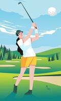 dramático fêmea jogador de golfe batendo bola em golfe curso, verde campo Colina com nuvem fundo vetor