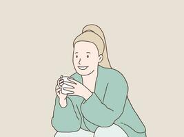 relaxar sorrindo mulher desfrutando uma copo do café simples coreano estilo ilustração vetor