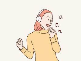 mulher vestindo fones de ouvido ouvindo para música e dançando simples coreano estilo ilustração vetor