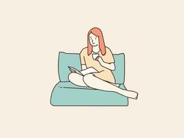 relaxado mulher lendo com copo do chá sentado em beanbag simples coreano estilo ilustração vetor