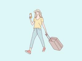 feliz período de férias mulher caminhando levar mala de viagem e Passaporte ser pronto para ir feriados simples coreano estilo ilustração vetor