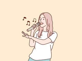 feliz saiu à moda menina tendo Diversão cantar uma música para microfone simples coreano estilo ilustração vetor