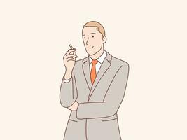 confiante homem de negocios é segurando uma fumaça cigarro simples coreano estilo ilustração vetor