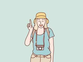 viajante turista mulher dentro casual roupas chapéu Câmera em pescoço com chapéu simples coreano estilo ilustração vetor