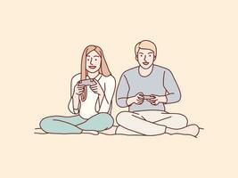alegre jovem homem e mulher casal sentar em chão jogando jogos dentro vivo quarto simples coreano estilo ilustração vetor