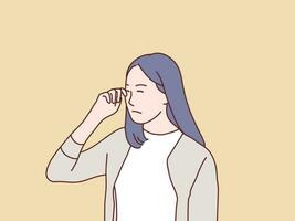 jovem mulher tão triste dela chore limpar lágrimas com dedos simples coreano estilo ilustração vetor