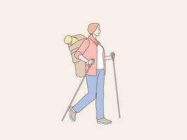 viajante mulher caminhada escalada com mochila simples coreano estilo ilustração vetor