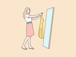 feliz mulher compras e escolhendo roupas olhando para espelho simples coreano estilo ilustração vetor