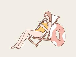 jovem mulher vestem roupa de banho sentar em de madeira cadeira aguarde telefone simples coreano estilo ilustração vetor
