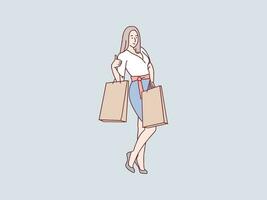 mulher alegre posando segurando compras bolsas simples coreano estilo ilustração vetor