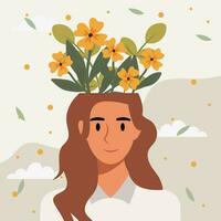 plano Projeto vetor ilustração conceito do mulher com flores dentro dela cabeça.