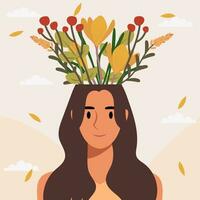 plano Projeto vetor ilustração conceito do mulher com flores dentro dela cabeça.