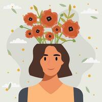 plano Projeto vetor ilustração conceito do mulher com flores dentro dela cabeça.