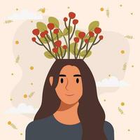 plano Projeto vetor ilustração conceito do mulher com flores dentro dela cabeça.