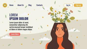 plano Projeto local na rede Internet aterrissagem página modelo com uma retrato do uma mulher com uma ramalhete do flores mental saúde conceito. vetor ilustração.