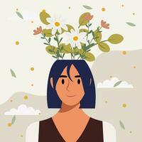plano Projeto vetor ilustração conceito do mulher com flores dentro dela cabeça.