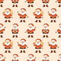 vetor desatado padronizar com fofa sorridente santa claus personagens. Natal e Novo ano fundo. engraçado desenho animado personagens dentro vermelho chapéu. invólucro Projeto com santa noel.