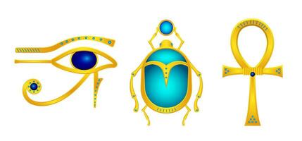 egípcio Antiguidade ouro símbolos talismãs. antigo olho do horus com azul gemas e mítico escaravelho com disco místico Cruz vetor ankh