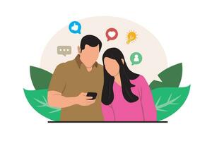 social meios de comunicação conceito. homem e mulher usando Móvel telefone. vetor plano ilustração