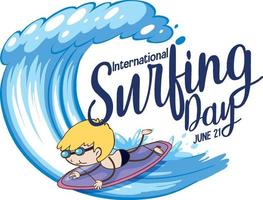 fonte do dia internacional do surf com um personagem de desenho animado de um menino de surf vetor