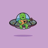 alienígena fofo cantando com violão acústico na nave espacial OVNI vetor